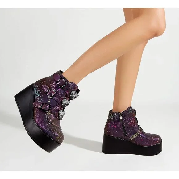 🆕 Navy Reflect Chunky Platform Ankle Boots - Wedge Heel Goth Rave Zip Booties - Picture 7 of 9